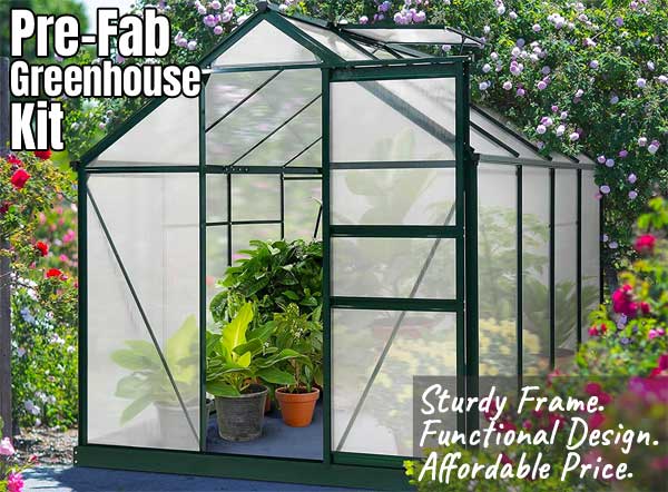 Pre Fab Greenhouse Kit with Polycarbonate Panels, Aluminum Frame, Sliding Door, Roof Vent, Sturdy Foundation